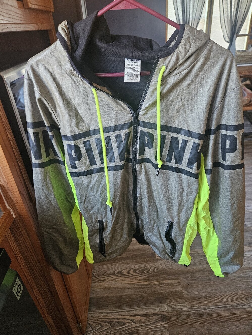PINK Victoria's Secret Grey Hoodie with Neon Yellow Accents